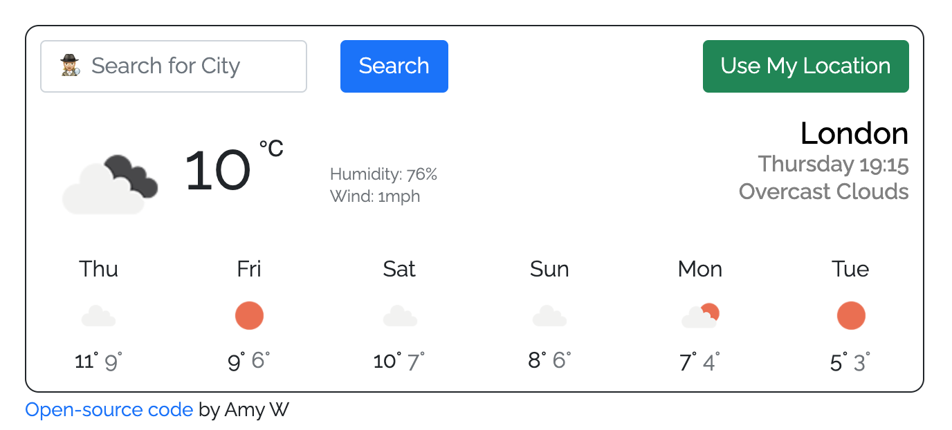 A webpage featuring a weather app
